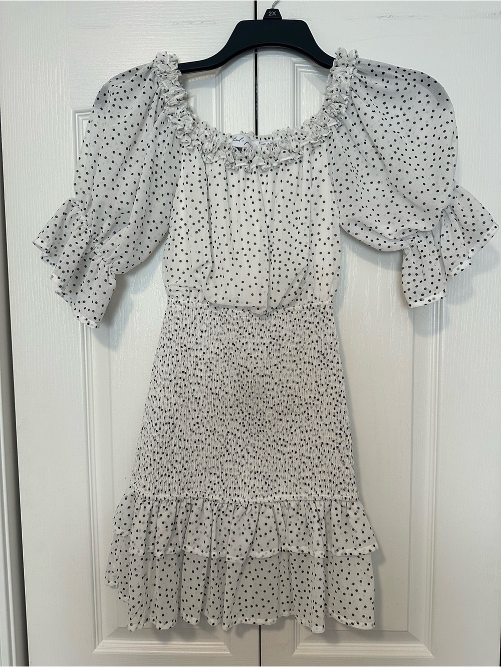 Smocked Off-Shoulder Polka Dot Midi Dress - White/Black petal and pup